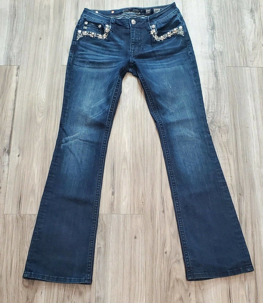 Miss Me MP724982 Pearl & Rhinestone Front Pocket Dark Wash Bootcut Jeans.